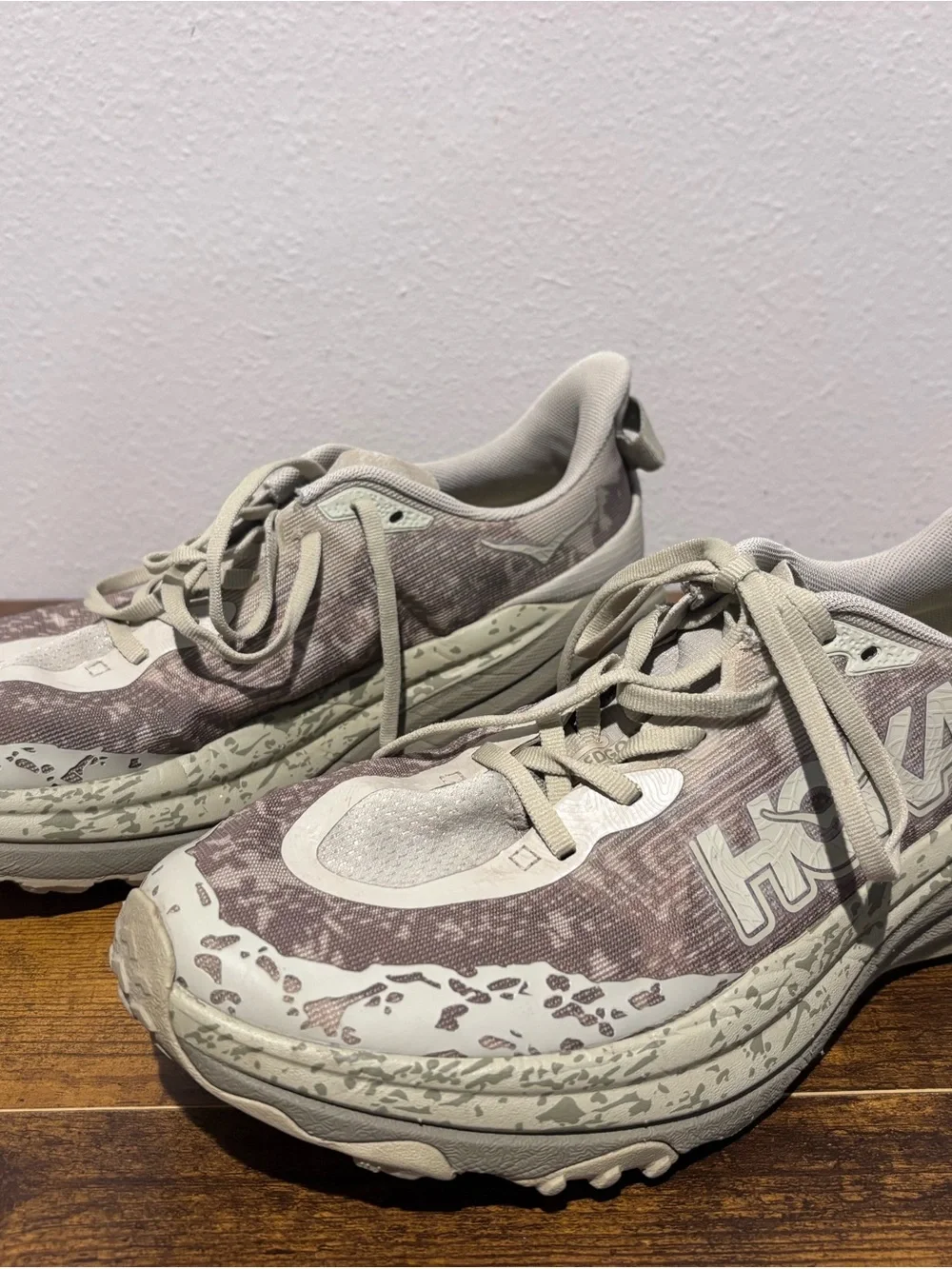 Hoka Neutral Taupe/Green and Cream Athletic Running Shoes